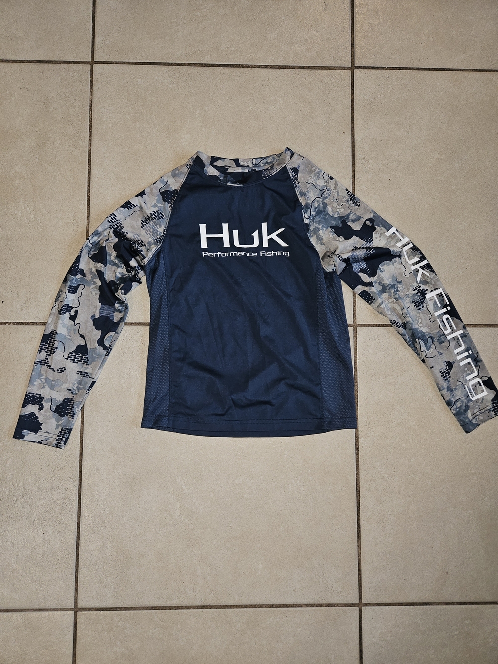 Huk Navy Long Sleeve Performance Shirt with Gray Camo Sleeves